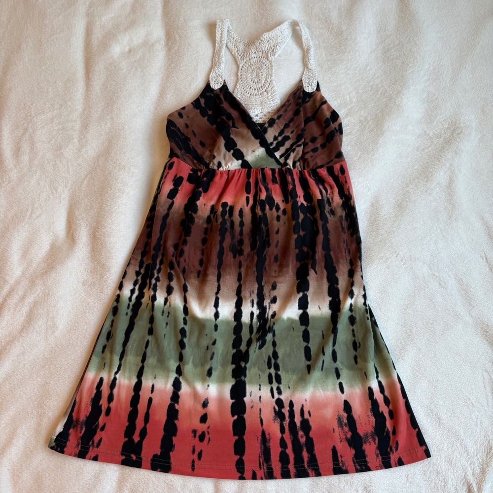 Derek Heart Tie Dye Crochet Racerback Mini Dress Y2K Boho Brown Coral Green M